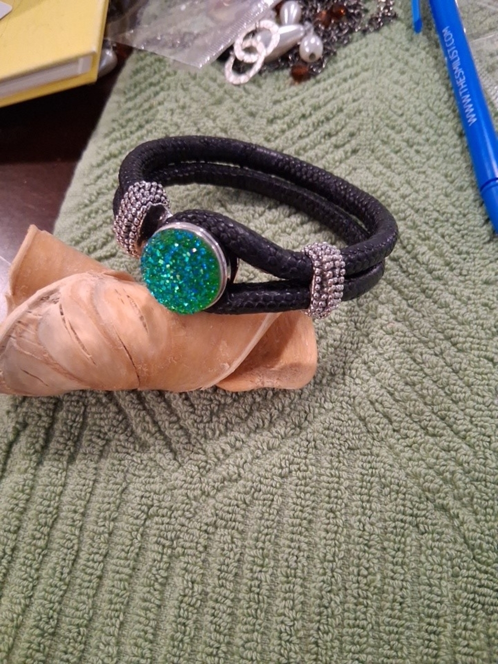 Black Double-Strand Bracelet with Green Glitter Druzy Accent Faux Leather